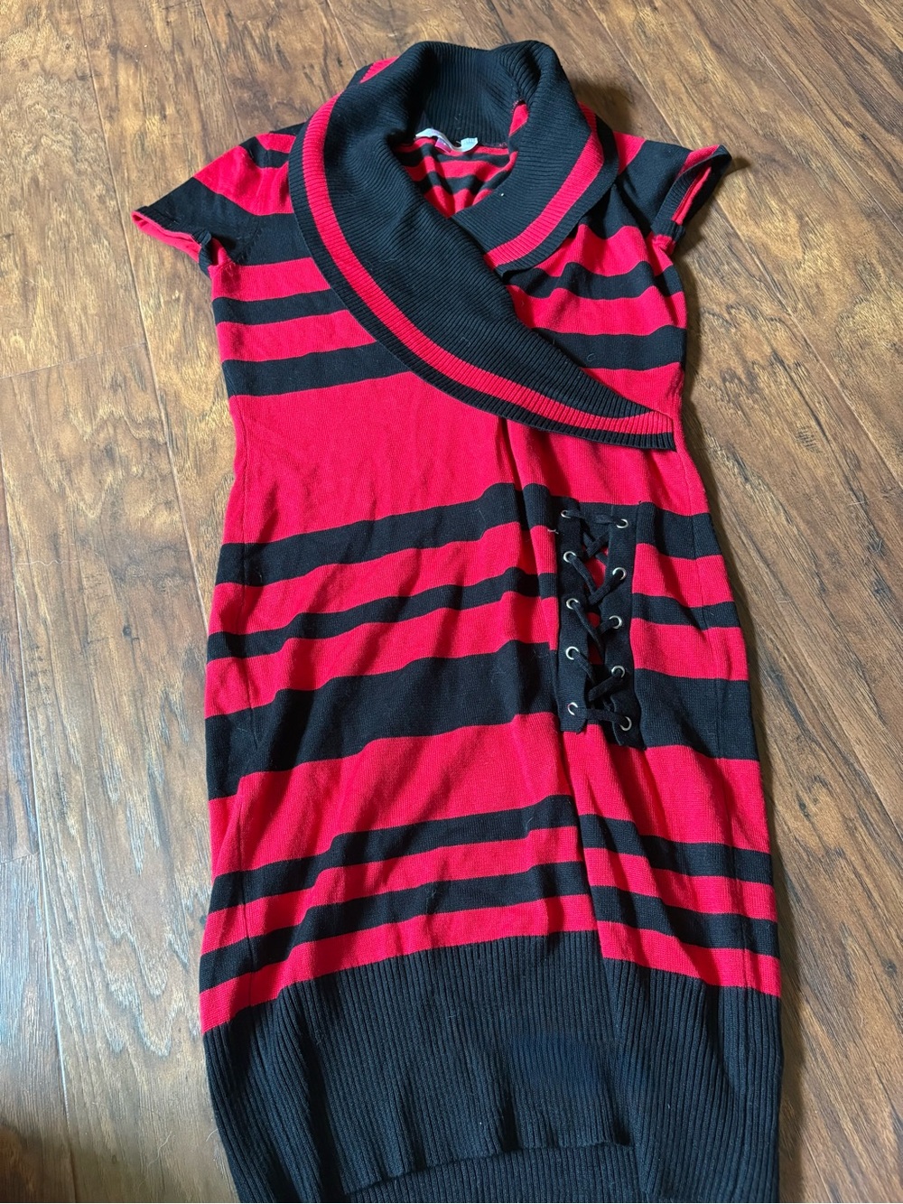 No Boundaries Red and Black Striped Cap-Sleeve Sweater Dress